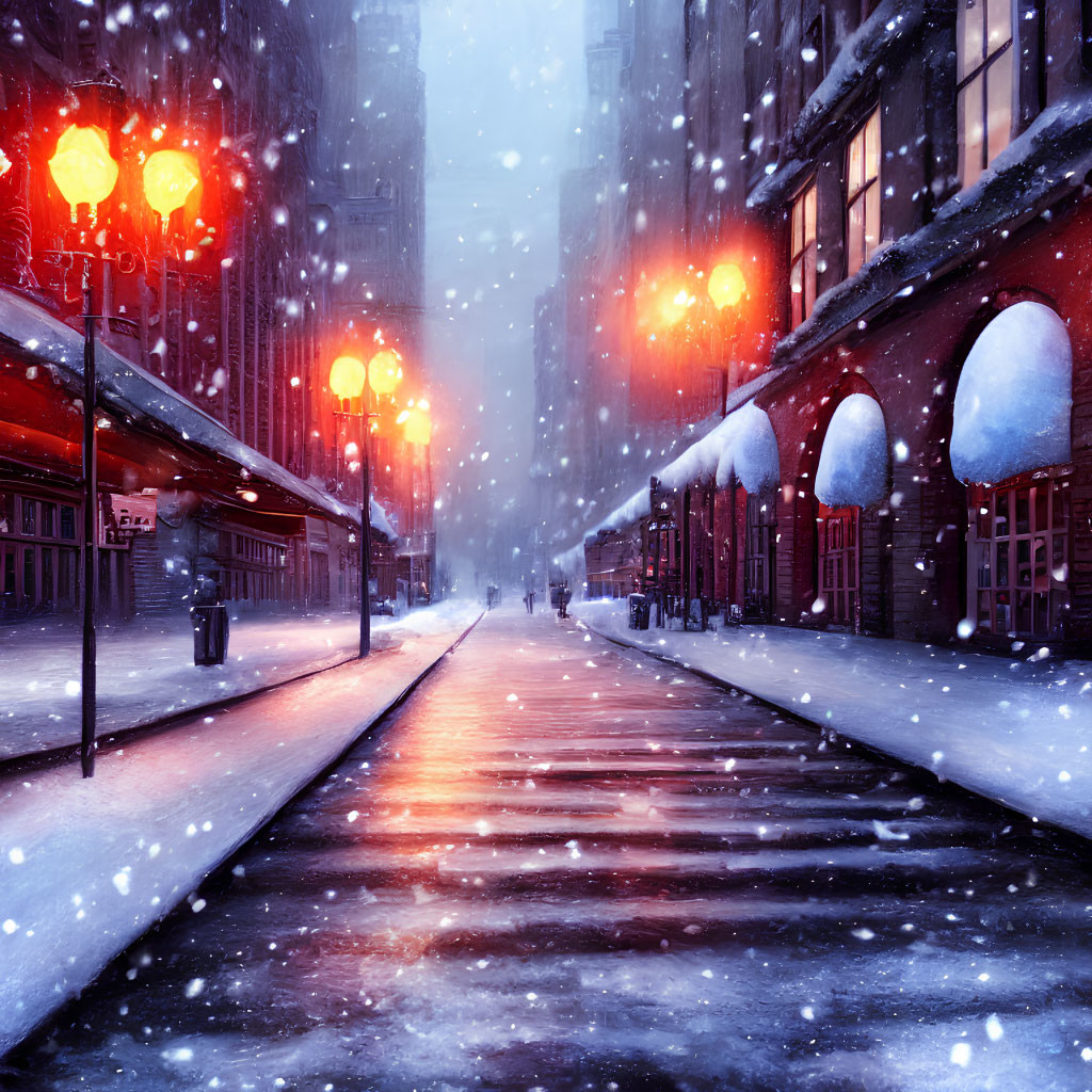 Snowy city street at dusk with red lights and falling snowflakes