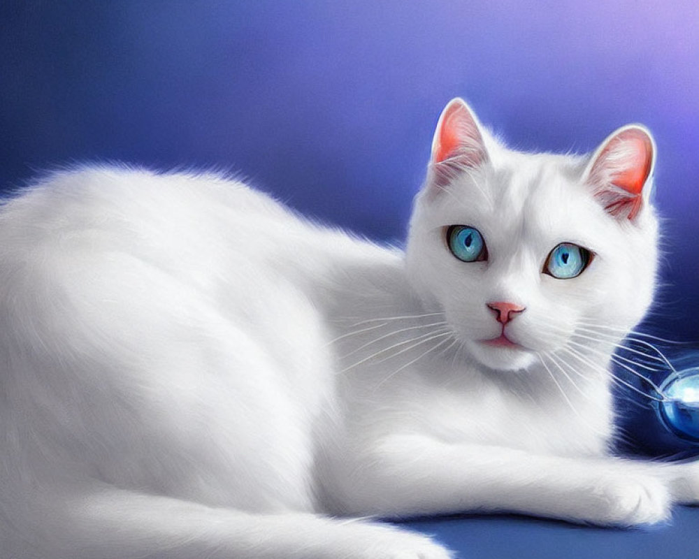 White cat with blue eyes next to blue ball on blue background