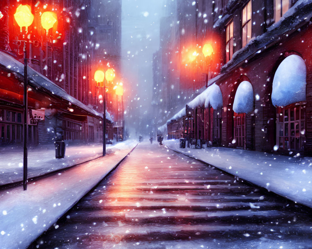 Snowy city street at dusk with red lights and falling snowflakes