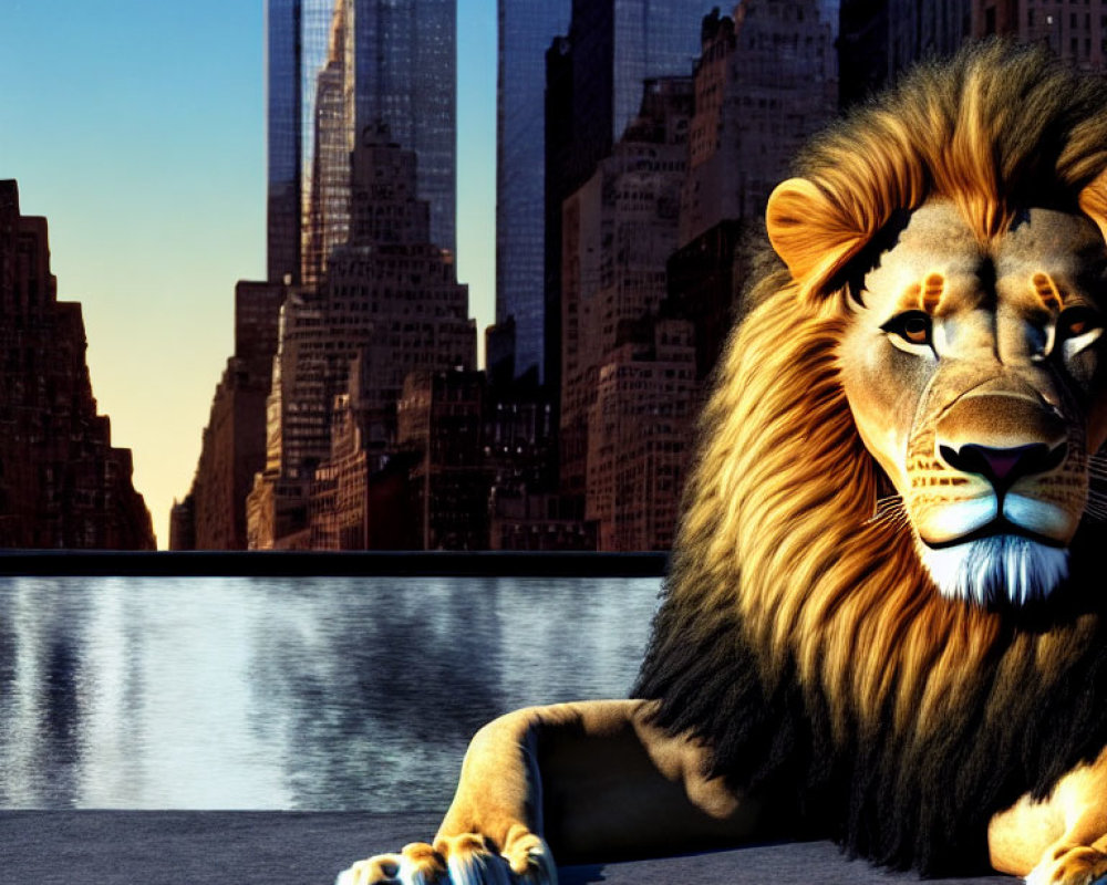 Animated lion relaxing on waterfront promenade with modern city skyline