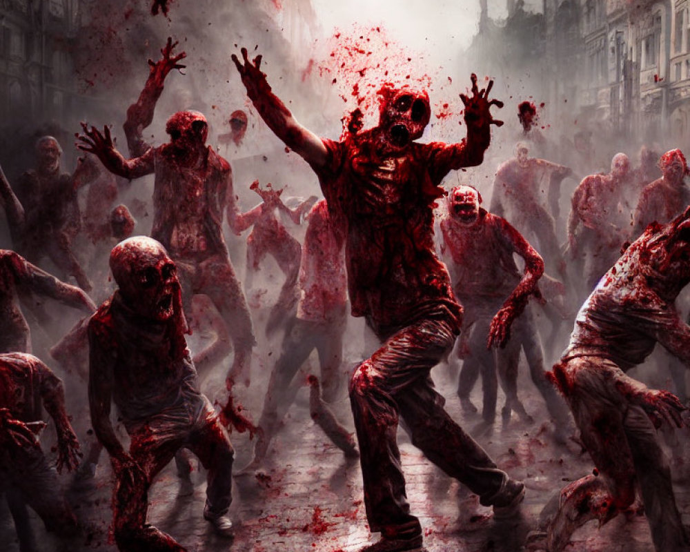 Aggressive zombies with blood-stained bodies in chaotic urban scene