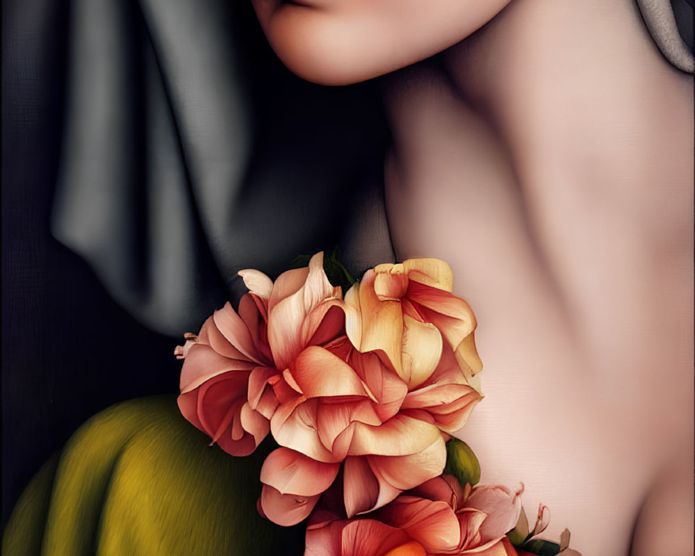 Close-up Artwork: Serene Person in Grey Shawl with Orange and Peach Flowers