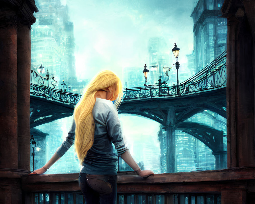 Blonde woman admires fantastical cityscape under cloudy sky