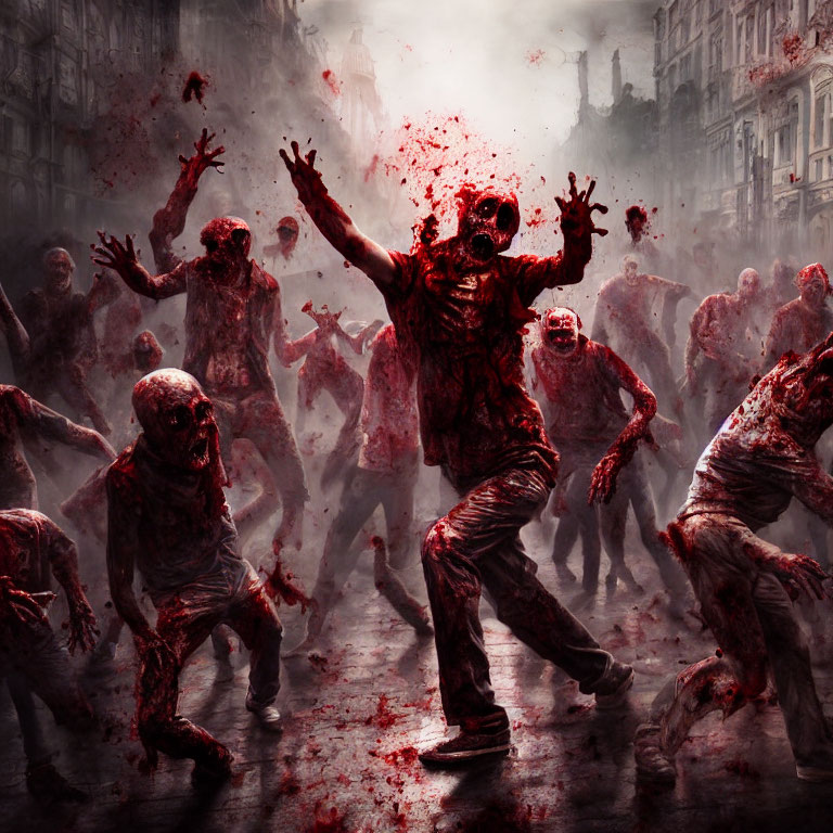 Aggressive zombies with blood-stained bodies in chaotic urban scene