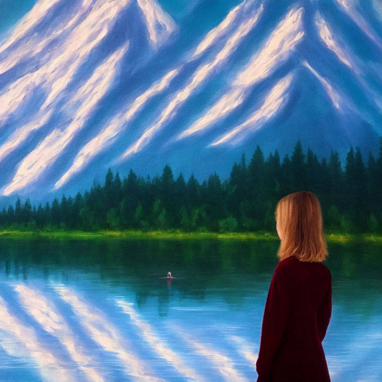 Short-haired person admires snow-capped mountains and lake reflection