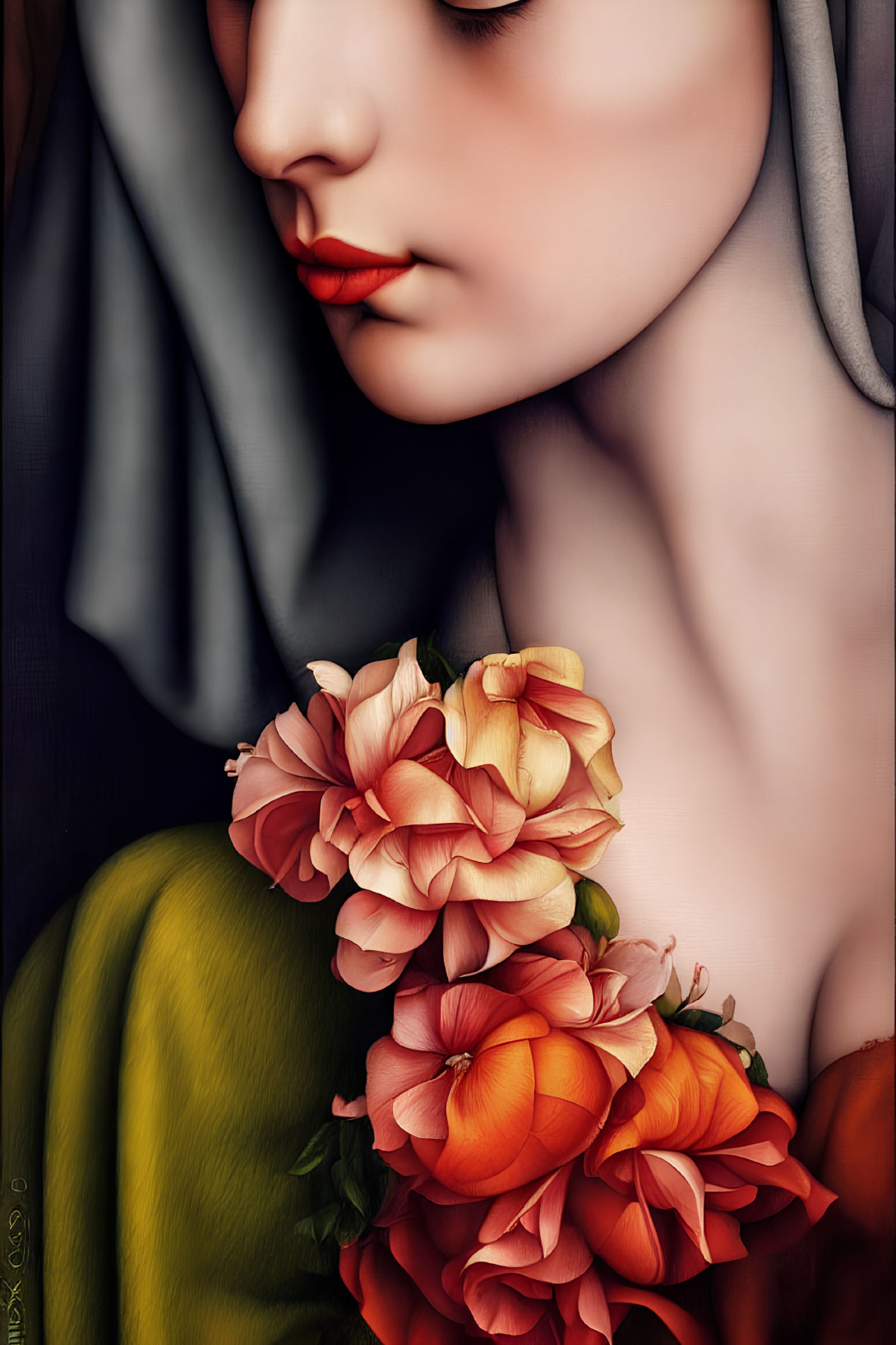 Close-up Artwork: Serene Person in Grey Shawl with Orange and Peach Flowers