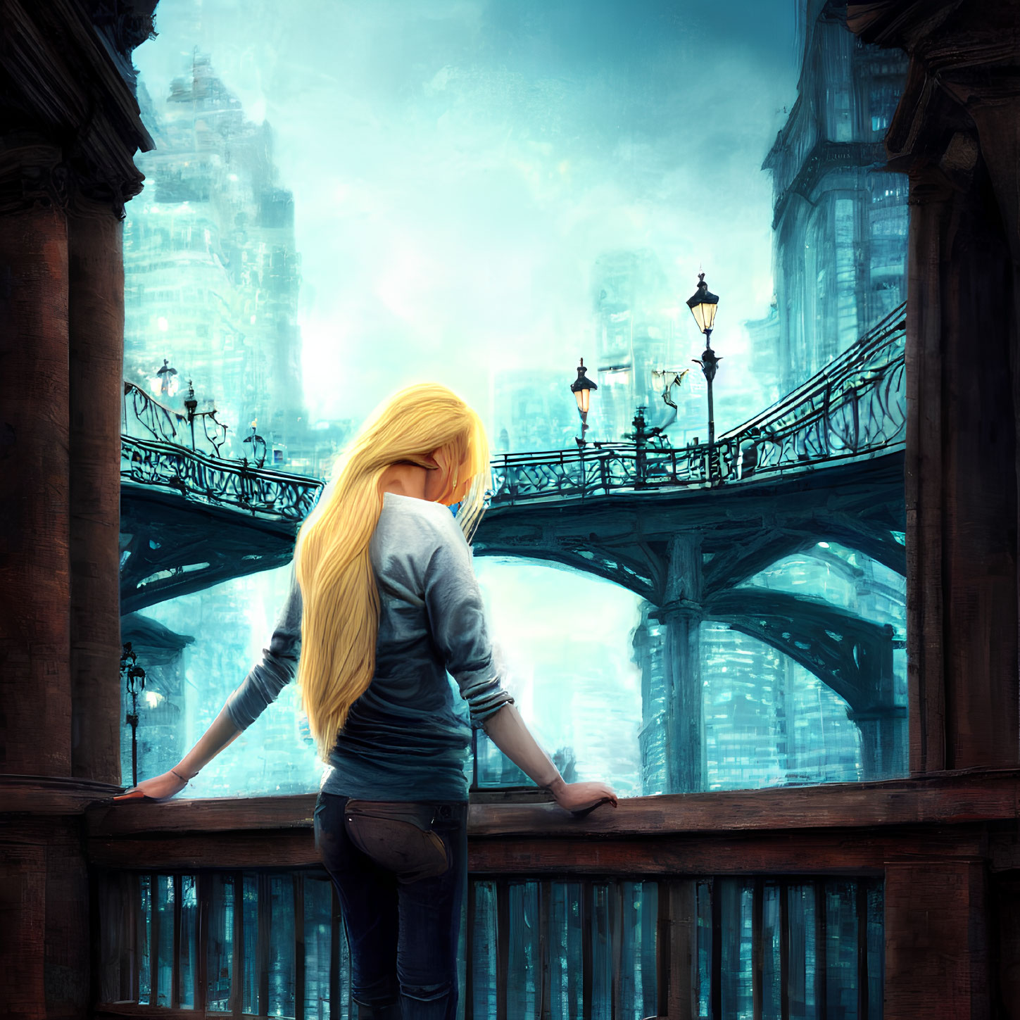 Blonde woman admires fantastical cityscape under cloudy sky