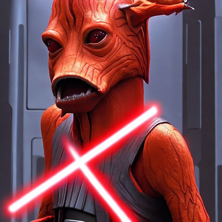 Character with Orange Skin and Horns Holding Red Double-Bladed Lightsaber