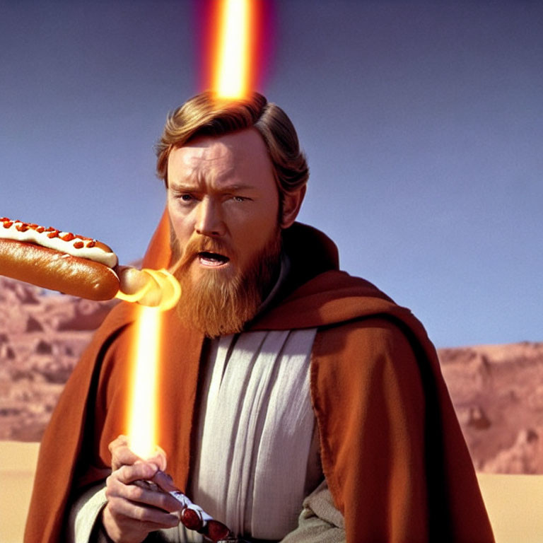 Man in desert with beard and robes wields hot dog lightsaber