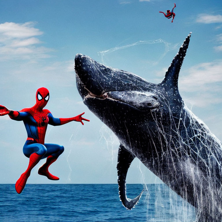 Two Spider-Men and a humpback whale in webbing above the ocean