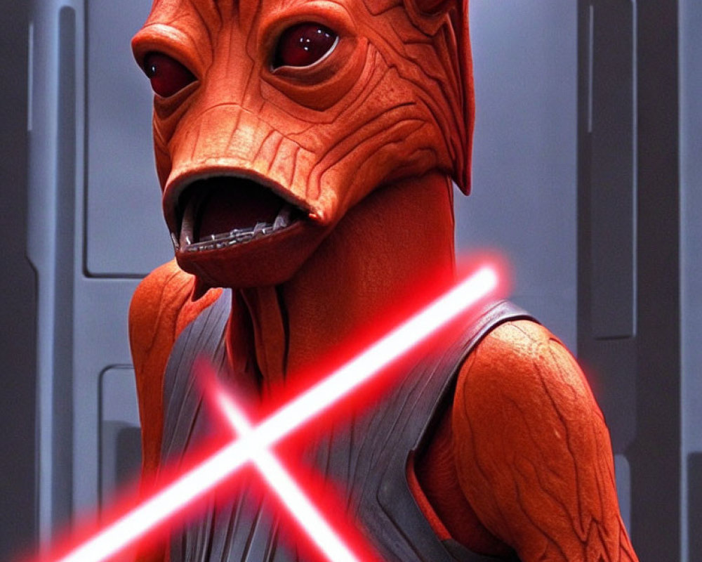 Character with Orange Skin and Horns Holding Red Double-Bladed Lightsaber