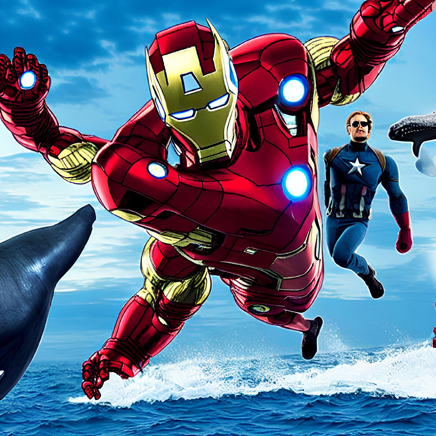 Superheroes in red and gold and blue costumes flying and running above water with dolphins.