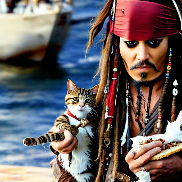 Pirate person with cat in matching attire by water and boats