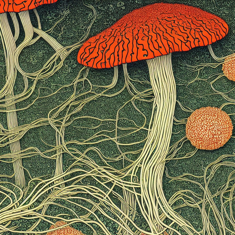 Detailed red-capped mushroom illustration on green background