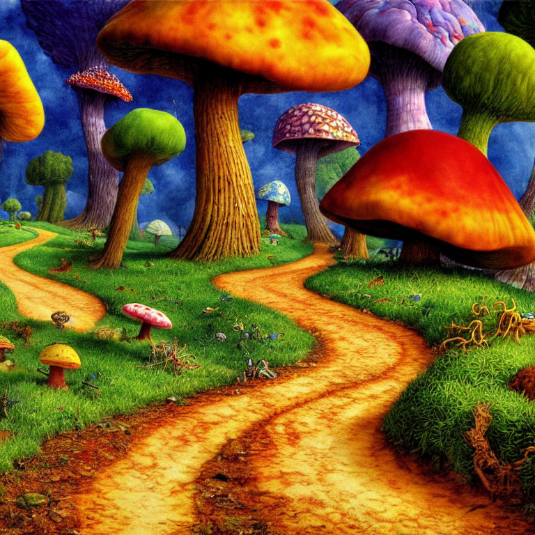 Vibrant whimsical forest with oversized colorful mushrooms