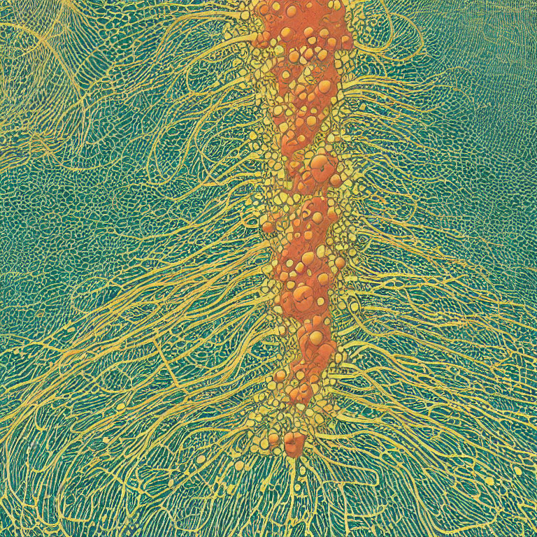 Detailed Neural Pathways Illustration with Orange Synapses on Blue-Green Background