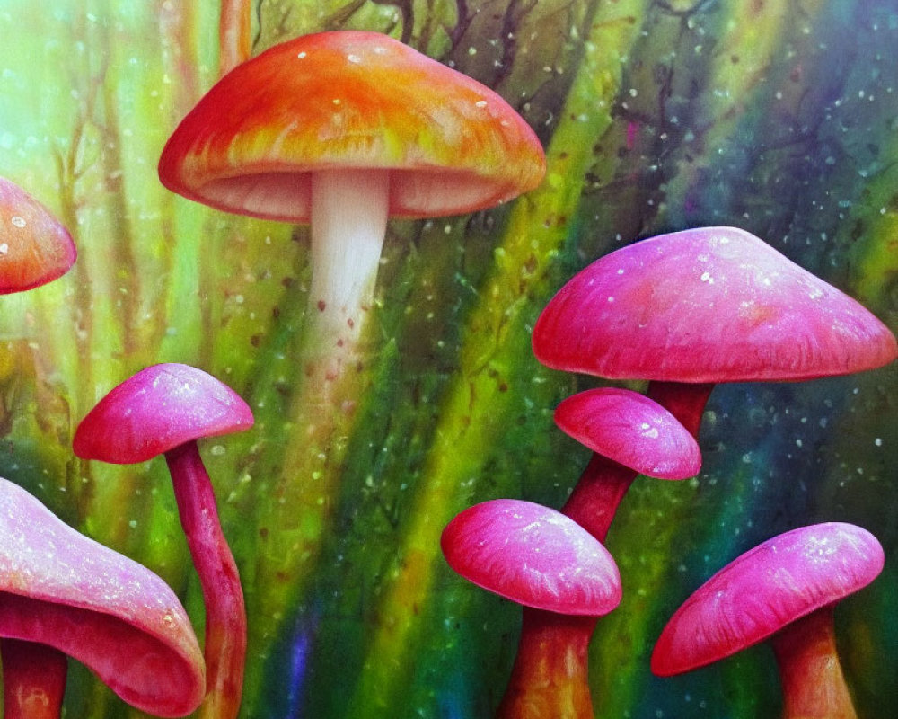 Colorful painting of red and pink mushrooms in mystical forest landscape