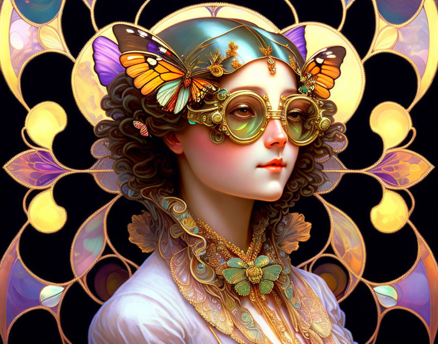 Woman with Gold-Rimmed Glasses, Butterfly Motifs, and Whimsical Headdress on Radi