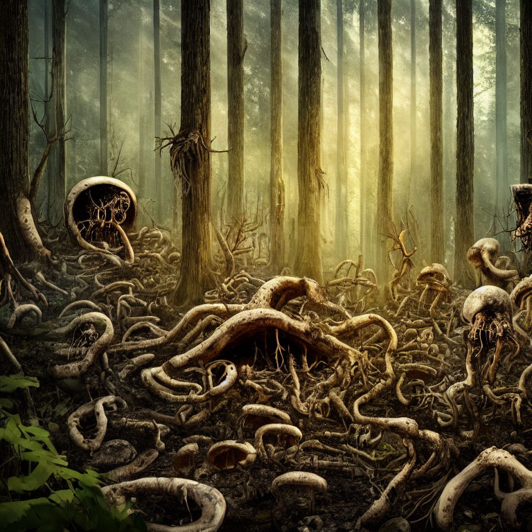 Mystical forest with eerie skeletal-like structures