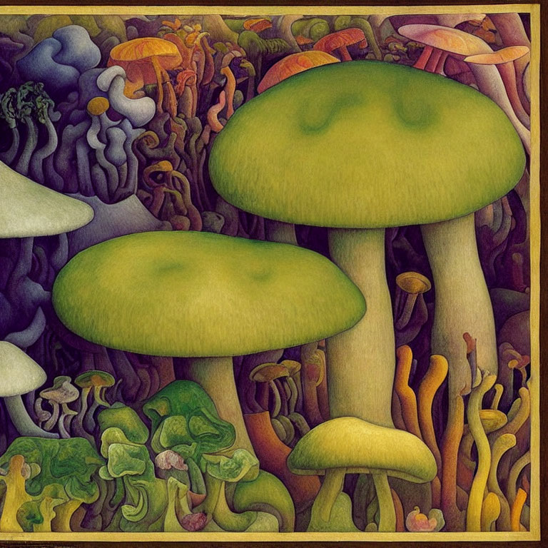 Colorful Oversized Mushroom Painting in Forest Setting