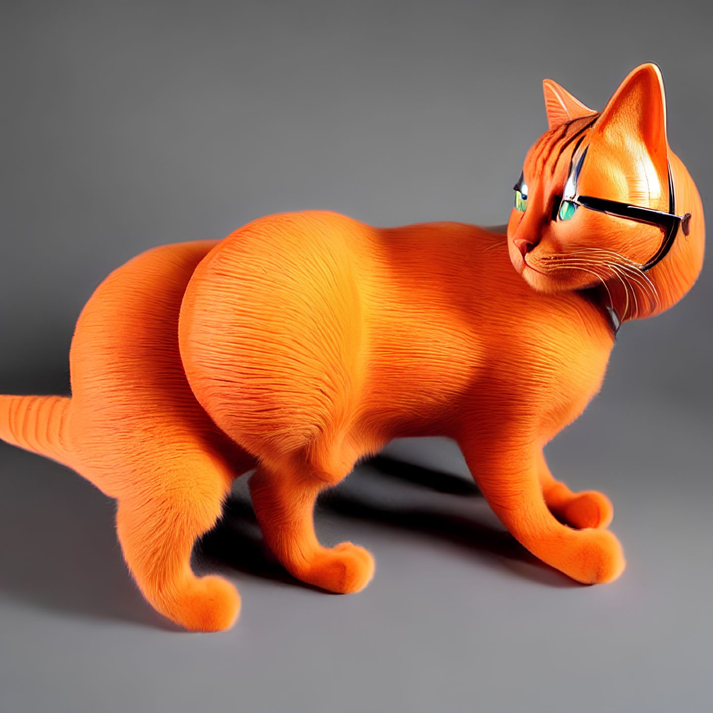 Orange Cat with Muscles and Glasses in Side Pose on Grey Background