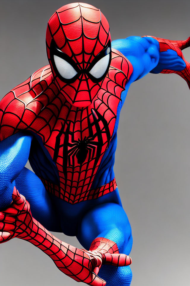 Cosplayer in Spider-Man costume on grey backdrop with red and blue suit.