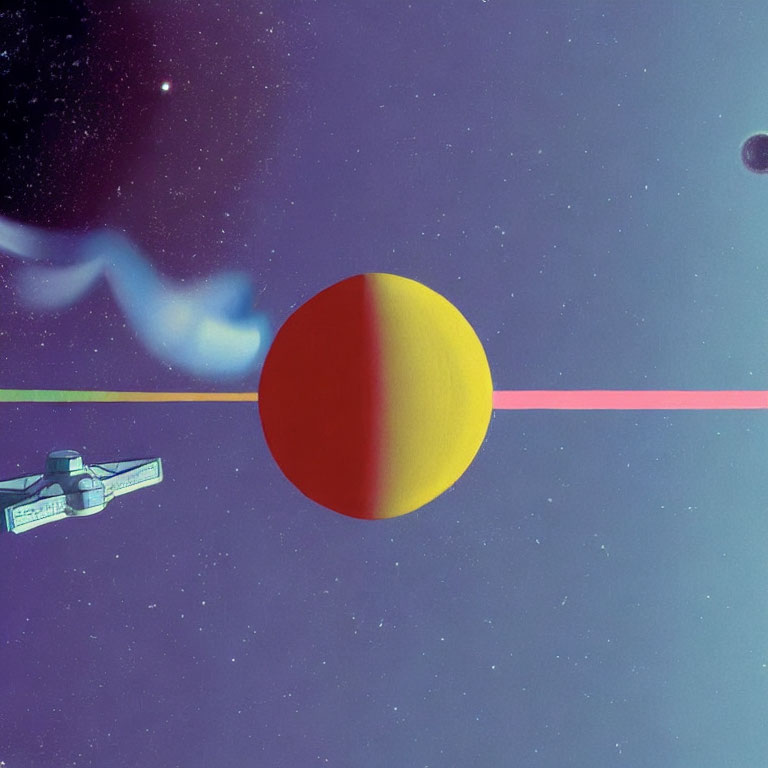 Retro-futuristic space illustration with spacecraft, split-toned planet, pink beam, and cosmic