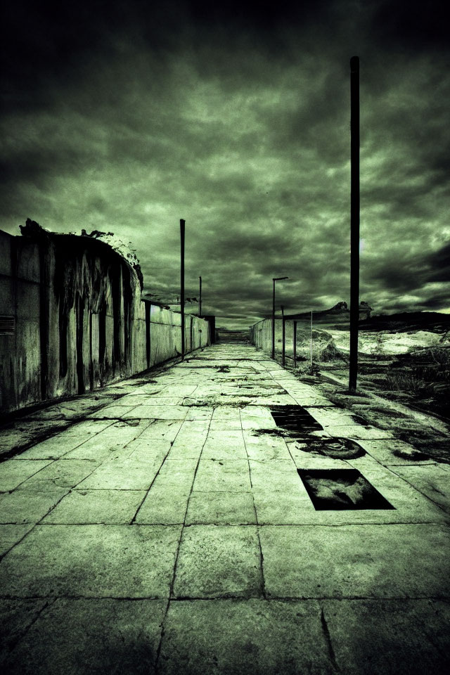 Desolate, dilapidated walkway under gloomy sky