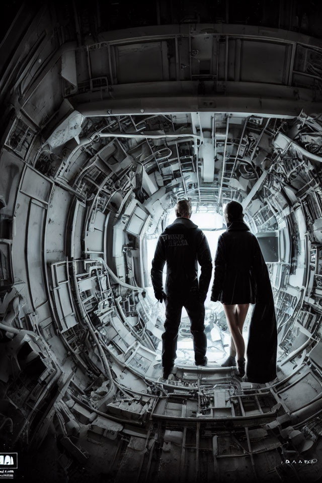 Two individuals in suits in a futuristic spacecraft corridor gazing into space