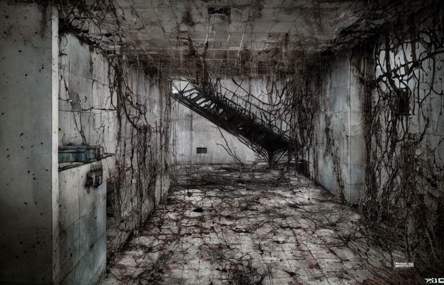 Abandoned room with crumbling walls, fallen ladder, and overgrown vines