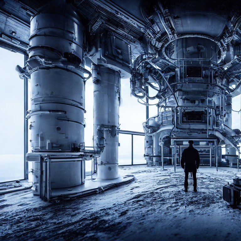 Person in Dimly-Lit Blue Industrial Room with Metal Cylinders