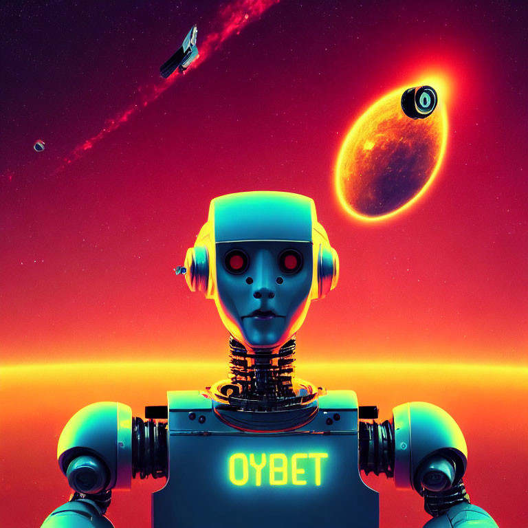 Blue futuristic robot with "OYBET" on torso in cosmic scene with comet, planets,