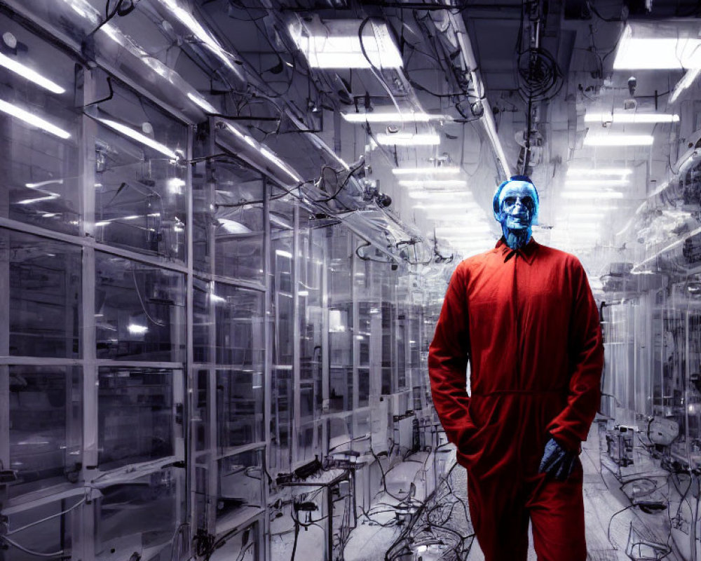 Confident Person in Red Suit in High-Tech Laboratory