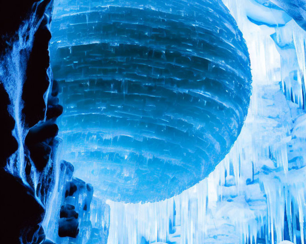 Spherical ice sculpture surrounded by icicles and blue illumination