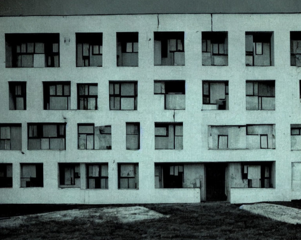 Grayscale image: Old, rundown apartment building with open and closed windows.