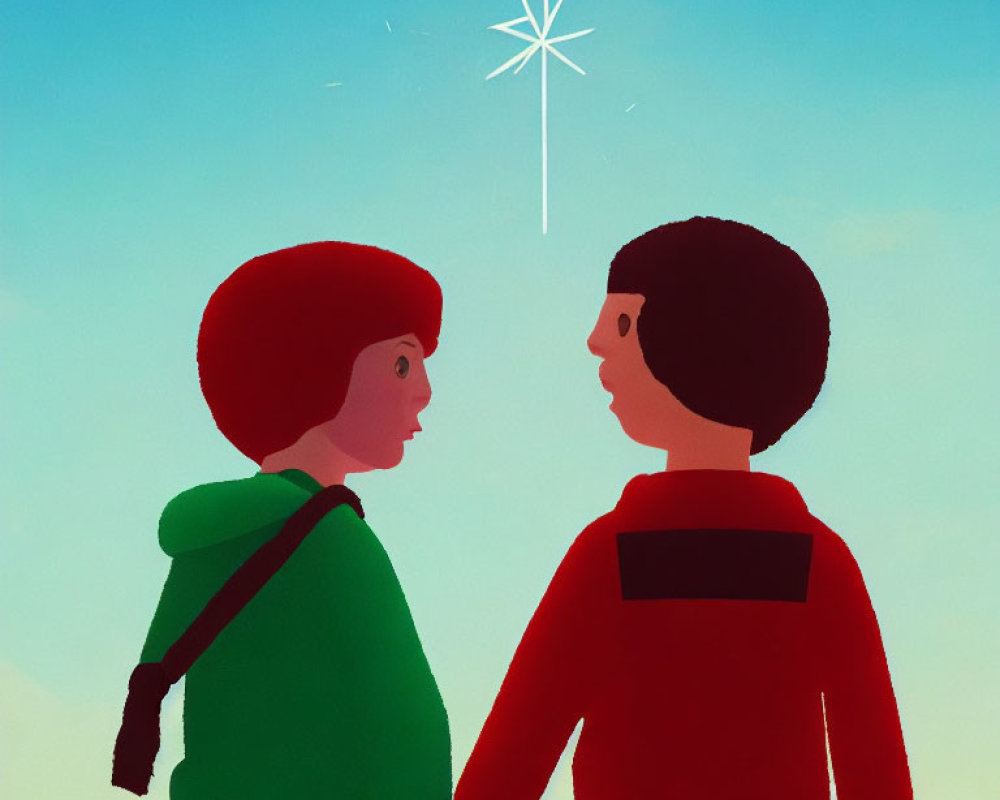 Animated characters in green and red gazing at a bright star