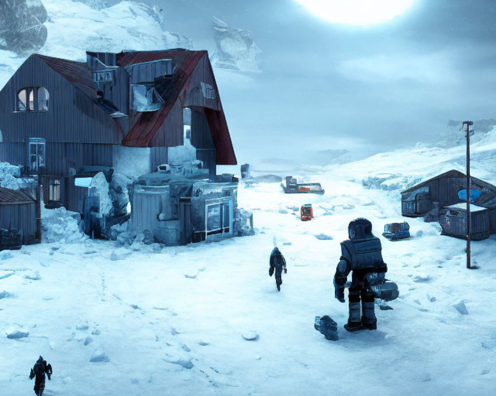 Snow-covered research station with people and equipment under eerie glowing sky