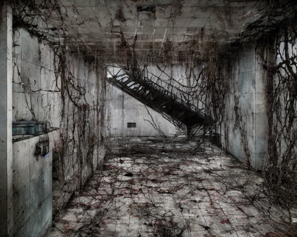 Abandoned room with crumbling walls, fallen ladder, and overgrown vines