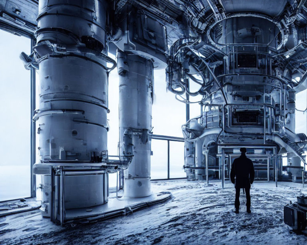 Person in Dimly-Lit Blue Industrial Room with Metal Cylinders