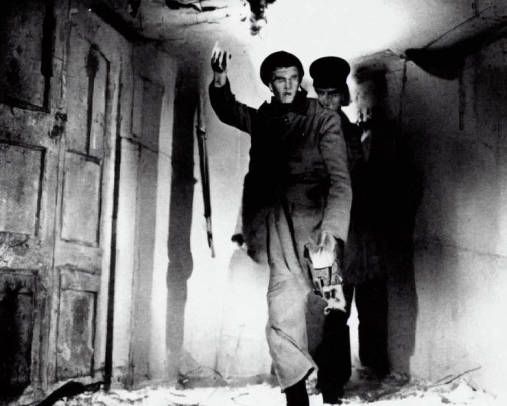 Military men in damaged building with raised hands and pistol.