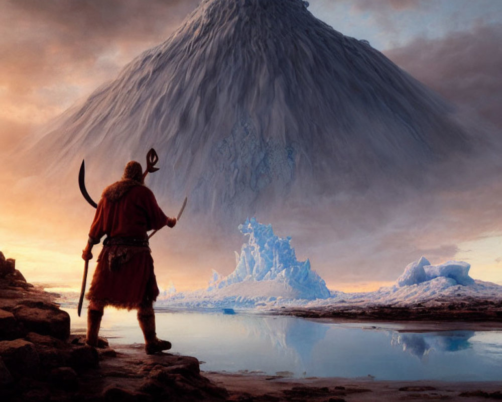 Viking warrior with sword at volcanic mountain under dramatic sky