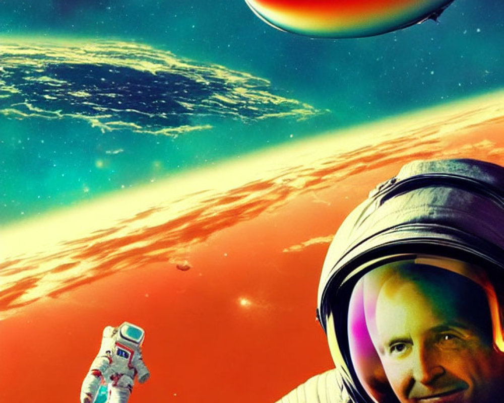 Retro-Futuristic Space Poster with Astronaut Headshot and Planets