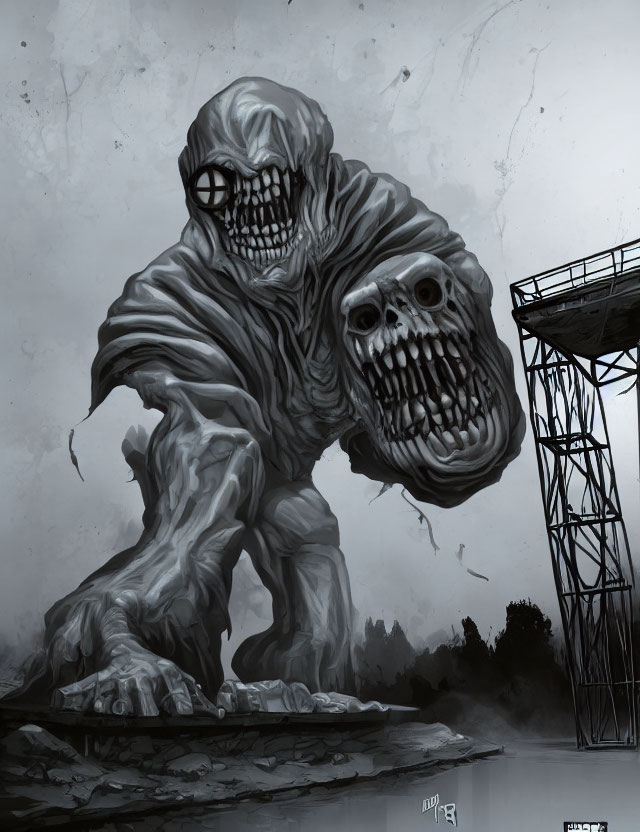 Monstrous figure with two skull-like faces near water tower in desolate landscape