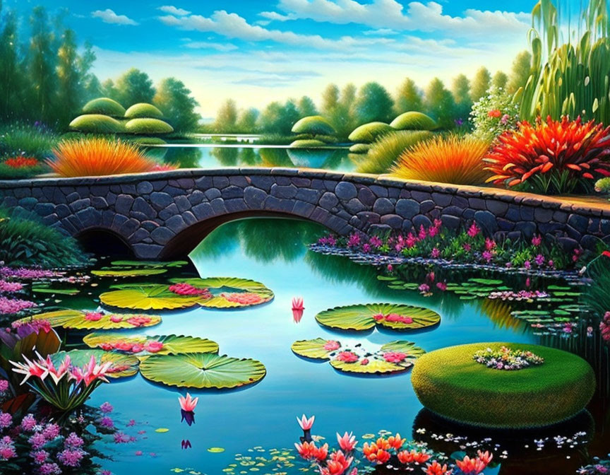 Colorful Landscape: Stone Bridge, Pond, Flowers & Greenery