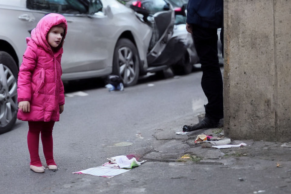 Child in Pink Coat on Littered Street with Car and Adults