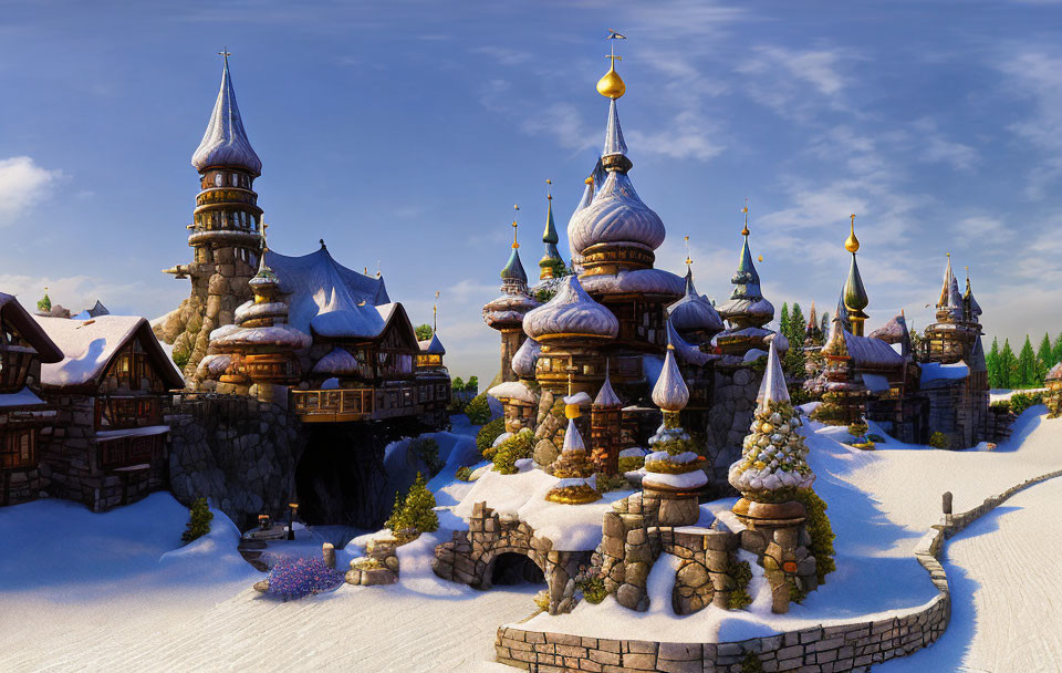 Snow-covered fantasy winter village with ornate towers and golden spires in serene landscape