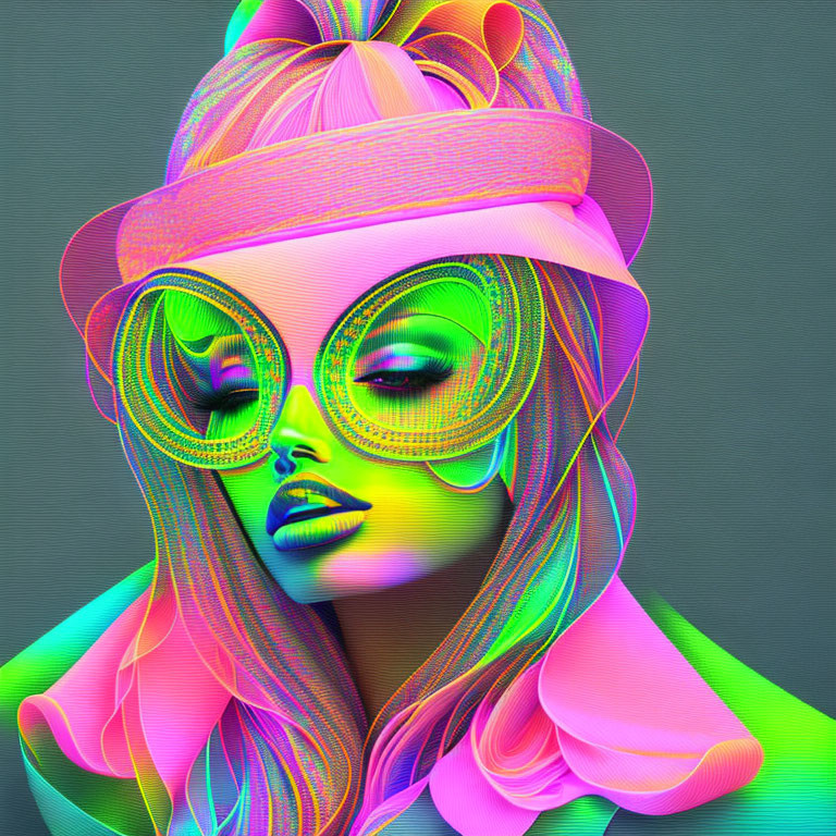 Colorful digital artwork: Woman in round sunglasses and stylish hat with retro-futuristic vibe