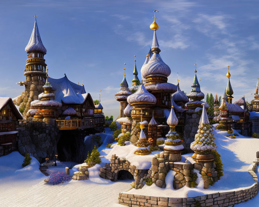 Snow-covered fantasy winter village with ornate towers and golden spires in serene landscape