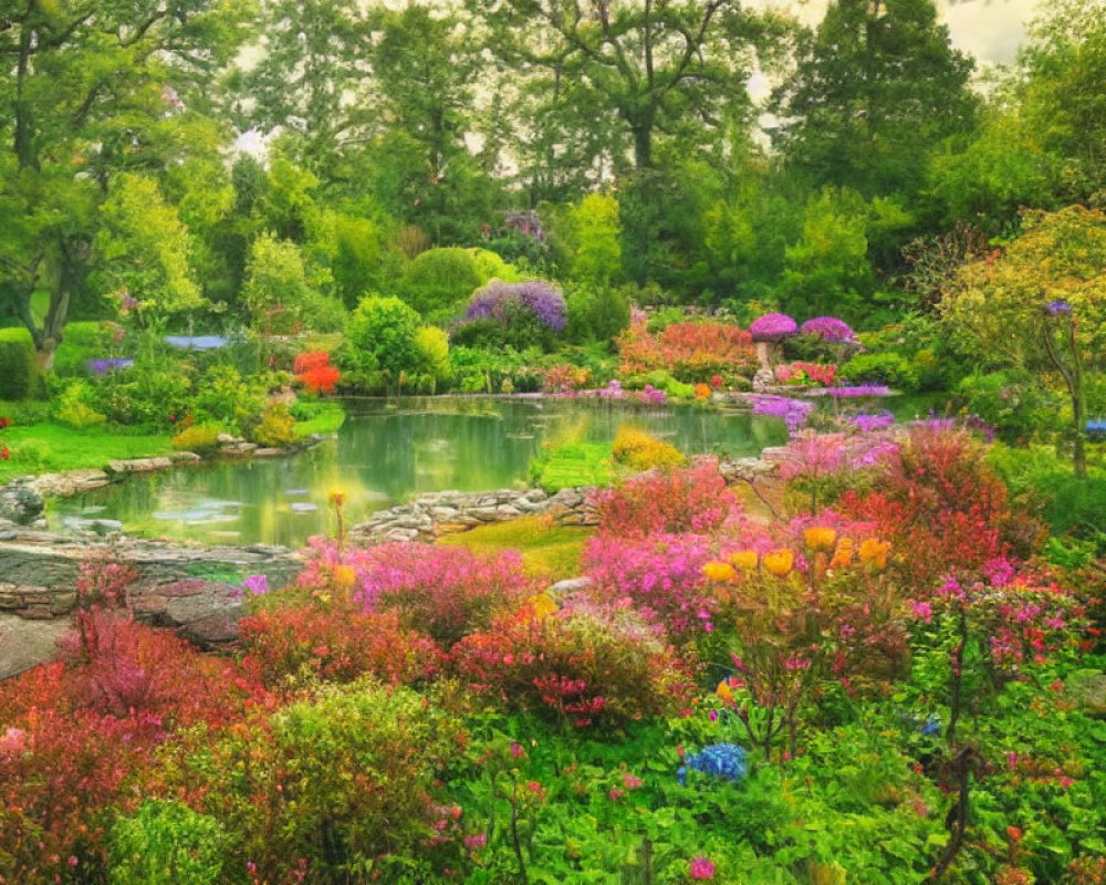 Colorful Flower Garden with Pond and Stone Edges in Lush Landscape