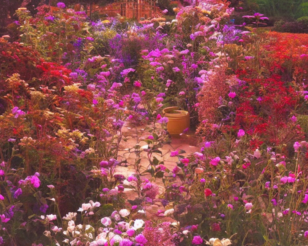 Colorful Garden Path with Purple, Pink, and Red Flowers and Terracotta Pot